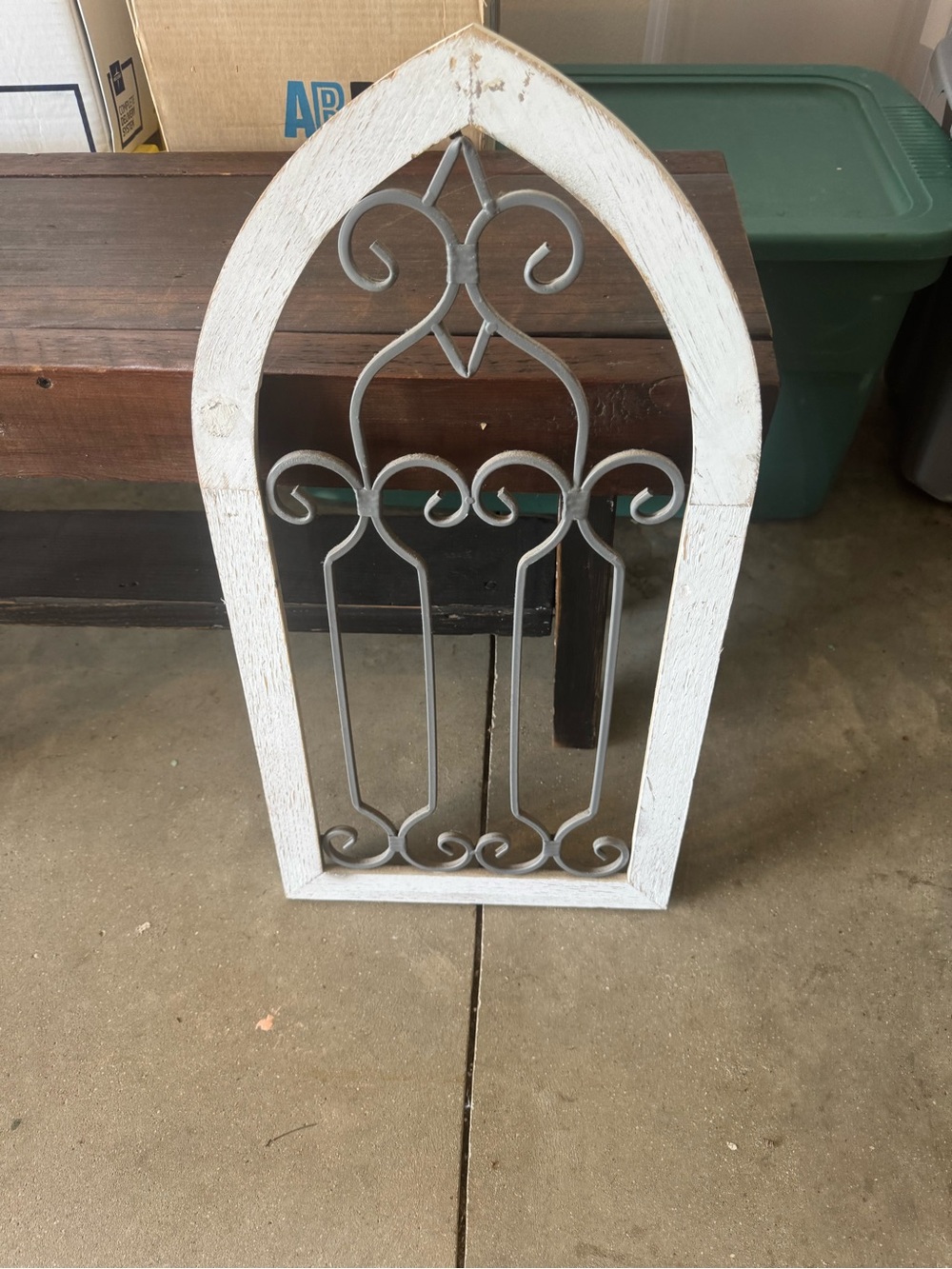Arched Metal Scroll Wall Panel in White and Gray